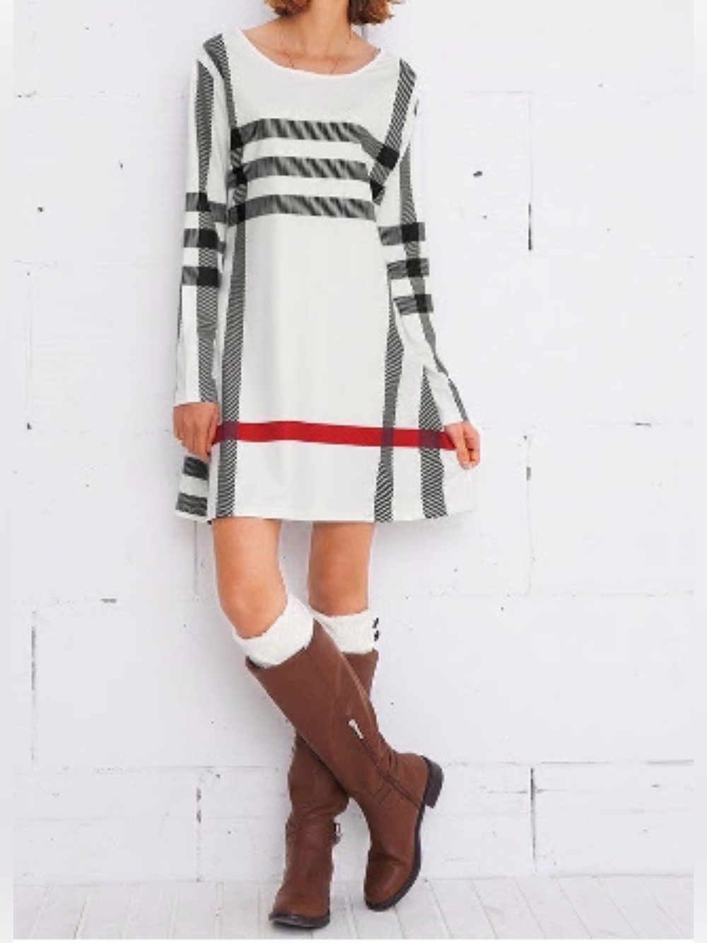 SMYS Elegant Ivory Plaid Long-Sleeve Swing Dress XL - Picture 4 of 8